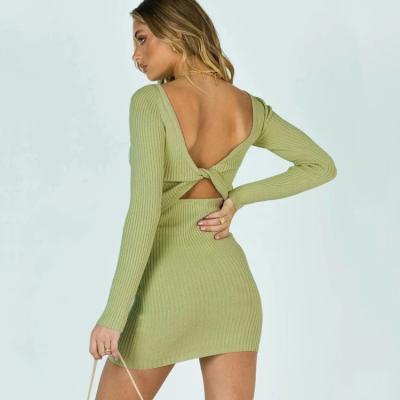 China 2022 Spring Autumn Cut Out Hollow Out Anti-Static Knot On The Back Ribbed Sexy Fashion Knit Dress for sale