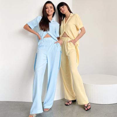 China Fashion QUICK DRY INS Suits Sets Summer Shorts Sleeves Crop Shirts With Ties Long Pants Womens Two Piece Set for sale