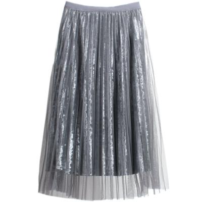 China 2022 Spring Autumn Golden Breathable Velvet Skirt Thin Vertical Feeling Thickened High Waist Mesh Pleated Yarn Soft Skirt for sale