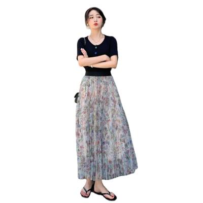 China High quality breathable waist floral pleated skirts double to mesh big swing skirt printed women spring summer autumn yarn skirt long for sale