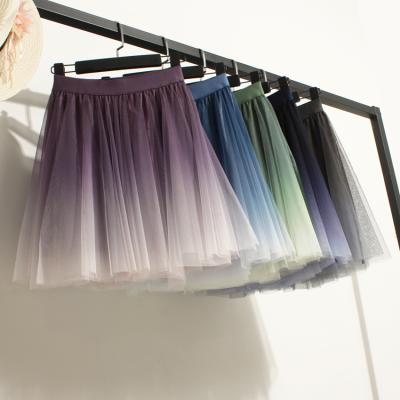 China Yarn pleated skirt girl female green blue purple line one line spring autumn gradient skirt waist miniskirt swing breathable fluffy top large for sale