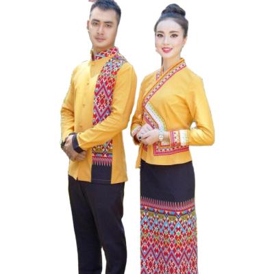 China Yunnan Dai Ethnic Work Clothing Autumn Thai Hotel Restaurant Uniform Spring Suit For Women Men With Long Sleeves Yellow Ethnic Clothes for sale