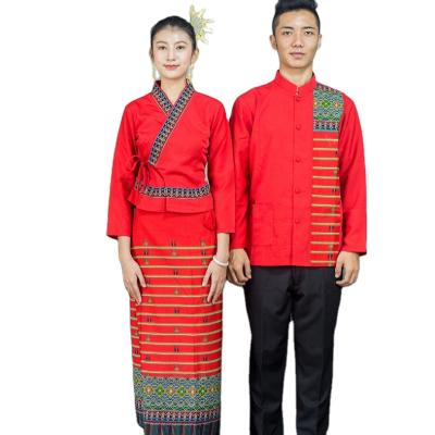 China Winter Ethnic Long Sleeve Minority Equipment Dai Service Waiter Dress Minority Dai Service Dress Hotel Restaurant Opening Ceremony Collar Thailand Red Suit for sale