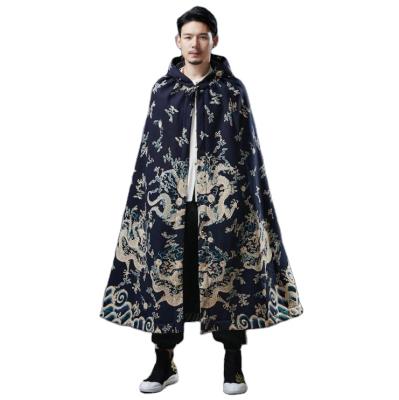 China Chinese style hanfu plush pattern dragon cape long dress autumn winter robe red blue opera overcoat traditional ethnic antique linen coat cotton for sale