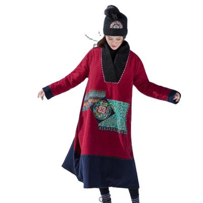 China Traditional Long Dress China Ethnic Style Embroidered Cotton-Padded Warm Loose Winter Dress Women Long Cotton Padded Long Dress Jacket Large Size for sale