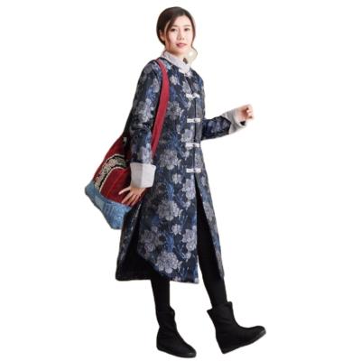 China Traditional Robe Winter Thickened Vintage Flower Pattern Clothes Cotton Padded Trench Coat Long Stand Collar Women's Chinese Style Retro for sale