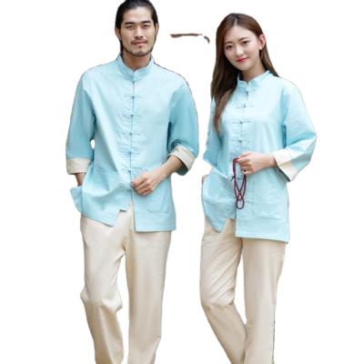 China Kungfu Taiji Suits White Blue Yellow Yoga Suits Jacket + Pants Canvas Wushu Taiji Flax Half Sleeve Wear Summer Kungfu Clothing Unisex Cotton Clothes for sale