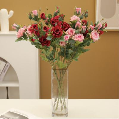 China Wholesale High Simulation Long Stem 2 Branches 4 Heads Artificial Flowers Silk Red Rose For Home Decor for sale