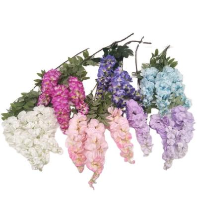 China High simulation wholesale 3 branches bloom artificial silk flowers hanging wisteria for home ceiling for sale