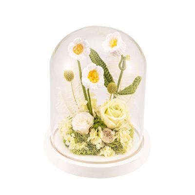 China Handmade Eternal Flower Glass Gift Preserved Rose In Glass Dome With Warm Light For New Year Birthday 16.5*20CM for sale