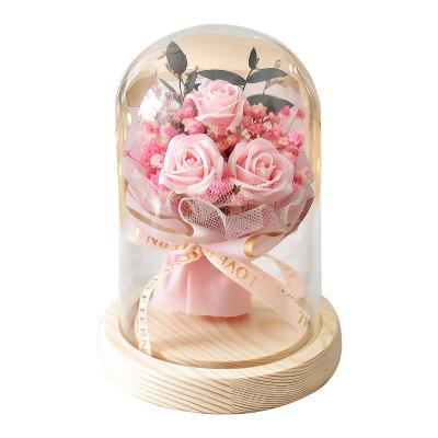 China Preserved Flower New By Design Rose Soap Bouquet Immortal Rose In Glass Dome Gift In Mothers Day Valentines Day for sale