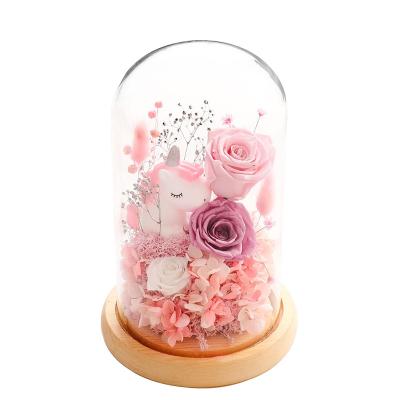 China Unicorn Preserved Rose in Glass Dome with LED Light Creative Gift Eternal Flower for Girlfriend Girlfriend 14.5CM*14.5CM*23.5CM for sale