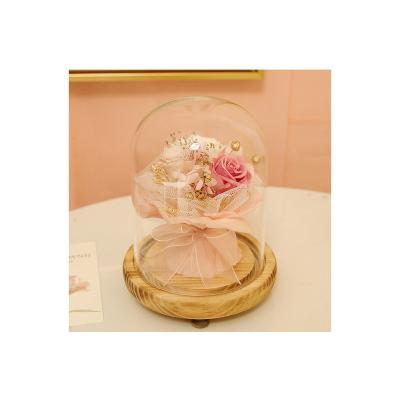 China Preserved Flower With Immortal Rose Glass Cover Bouquet In Glass Dome Gift For Christmas Teacher's Day 14.5*14.5*19cm for sale