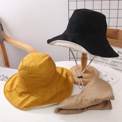 China Premium Custom Sun Protection Reversible Quality Bucket Hat With Rope Solid Color Wide Brim Bucket Sun Hat Summer for sale