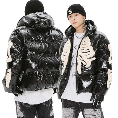 China QUICK DRY Street American vintage flocking embroidery skeleton thickened hooded cotton-padded men's fashion brand loose niche for sale