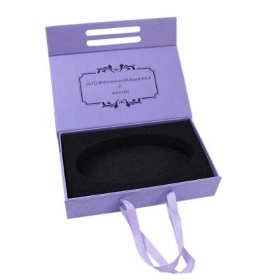 China Handmade Custom Baba Cardboard Select Printed Purple Rigid Paper Gift Box with Satin Ribbon Handle and Black Die Cut Foam Insert Tray for sale