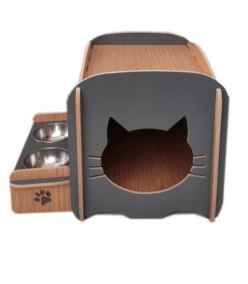 China Breathable Wooden Cat House , Outdoor Indoor Wooden Cat House Pet Room With Cold Proof Warm Kennel Feeding Table for sale