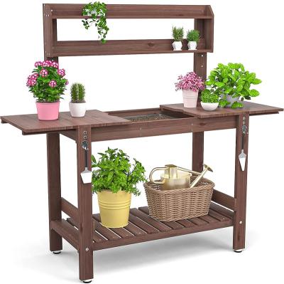 China CLASSIC flower stand wood workbench, outdoor potted bench table with sliding desk, stainless steel sink and drawer stand hook for sale