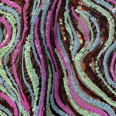 China Heavy Industry Mesh Water Soluble Multicolor 3mm Elastic Base Embroidered Sequin Fabric for sale