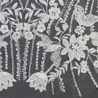 China 3D Beads Sequins French Embroidery Pearl Mesh Lace Bridal Wedding Dress Fabric for sale