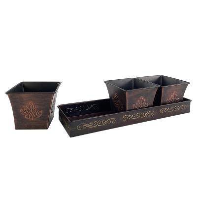 China Custom Wholesale Europe Rustic Decorative Antique Metal Square Flower Planter Pots Brass Pots Set 3 Metal Herb Pot for sale