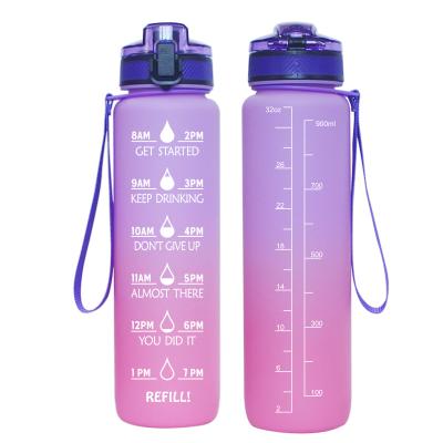 China New Sports Time Viable Outdoor Water Bottle 1000ml Frosted Water Bottle Gradient Color Tritan Scale Water Bottle for sale