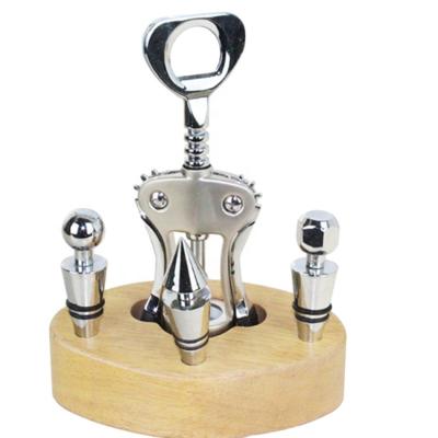 China Resort Hotel and Amazon Hot Sales 3 Wine Stopper and 1 Wine Opener Wooden Base Wine Opener Gift Set Corkscrew Bar Toola Sets for sale