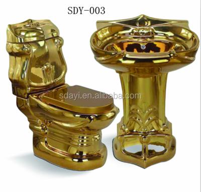 China Pedestal Wash Basin Ceramic Sanitary Ware Double-flow Gold Color Toilet Gold WC Gold Toilet for sale