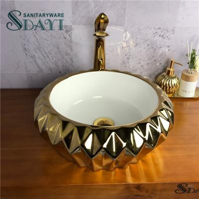 China Traditional Ceramic Round Gold Plated Basin New Design Color Bathroom Gold Sink Gold Price for sale