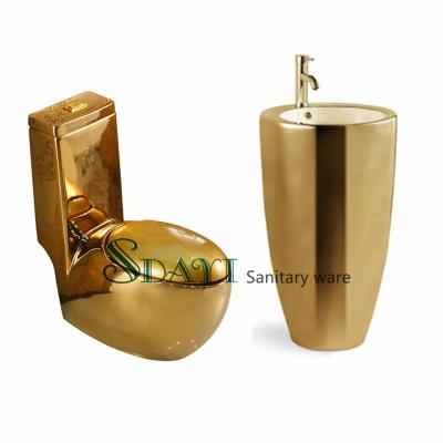 China Double-Flow Sanitary Ware WC Bidet Bathroom Gold Toilet Set Ceram Gold Color Gold Toilet Bowl Pedestal Wash Basin WC for sale