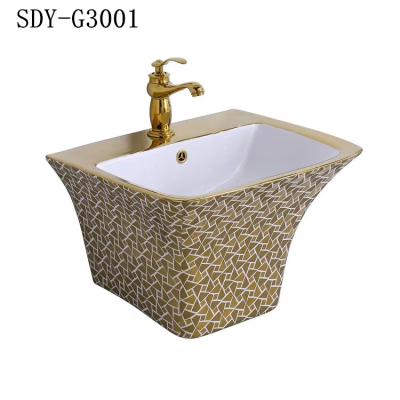 China Farmhouse Gold Ceramic Wall Hung Wash Basin Sink Bathroom Gold Color Wall Hung Basin for sale