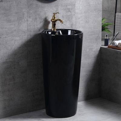 China Contemporary Ceramic Matte Color Pedestal Wash Basin Bathroom Sink Black Pedestal Black for sale