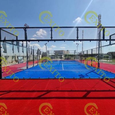 China EXITO 100*100*3mm Full Glass Without Safety Assembled Outdoor Panoramic Corner Padel Courts Paddle Tennis Court 10*20m for sale