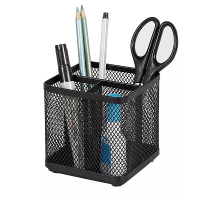 China Wearability Strong Metal Steel 3 Separate Compartments Wire Mesh Black Mesh Pencil Holder for sale