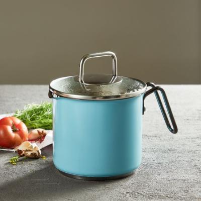 China Wholesale Sustainable 304 Stainless Steel Blue Milk Painting Boiling Pot With Tempered Glass Lid Sauce Pan With Black PVD Wire Handle for sale