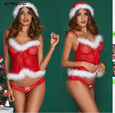 China Beautiful hot sale sexy mature lace woman lingerie christmas red mini blouse and panty skirt sets for sale