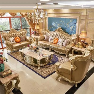 China Large Double Sided Carved Solid Wood Champagne Gold Tufted Sofa European Style Leather Combination Sofa for sale