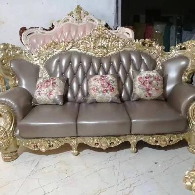 China High quality wood ornate classic luxury french european baroque style hand carved gold pure leather living room sofa for sale