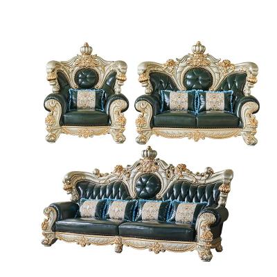 China French Royal Tufted Luxury Antique Living Room Furniture Leather Solid Wood Carved European Wooden Sofa Gold Sofa for sale