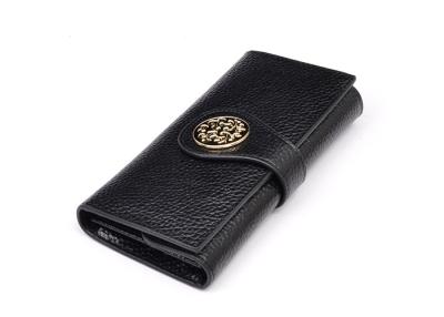 China Long Size Tri fold Genuine Leather Wallets for Women , Gold Metal Badge on Front for sale