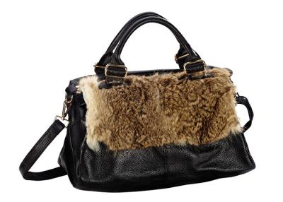 China Rabbit Fur Flap Womens Leather Tote Bags Black with Rolled Handles for sale