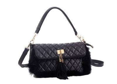 China Fur - Trimmed Quilted Black Leather Shoulder Bags For Women , Short Shoulder Strap for sale