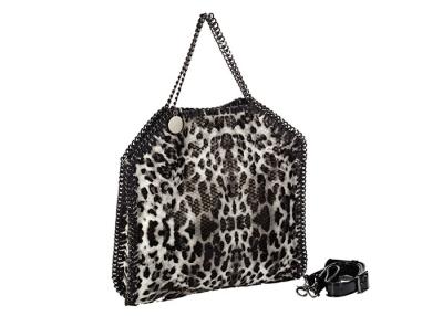 China Grey Leopard PU Leather Bag Fold Over Tote , Gunmetal Chain Trimmed Edges for sale