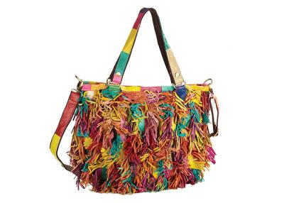 China Fashion Patchwork Leather Bag with Fringes on Front and Striped Backside for sale