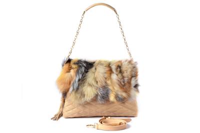 China Apricot  Fox Hair Flap Shoulder Bag for Women Real Leather Tassel for sale