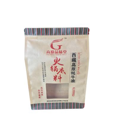 China Flat bottom kraft paper pouch for hot pot sauce bag/flavoring bag/seasoning with window and zip for sale