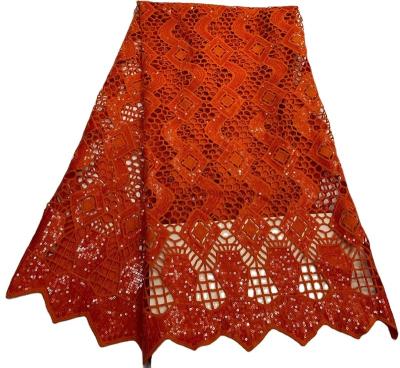 China Breathable African Fabric Lace Fabric Nigerian Water Soluble Orange Brown With Sequin Beads Swiss Lace Pattern Circular Women Ski for sale