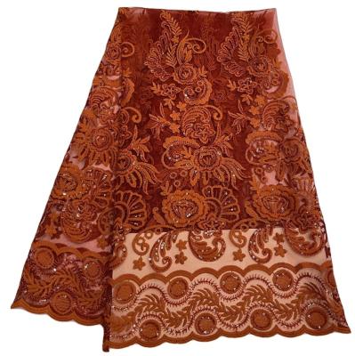 China Breathable Luxurious African Lace Fabric Nigerian Brown Orange Mesh Fabric With Sequin Beads Swiss Lace for sale