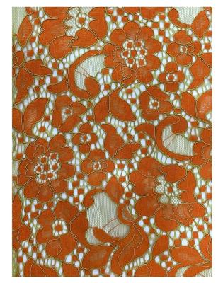 China High Quality Breathable Fancy Floral Nylon Lace Fabric Spandex Embroidery Design Brown Orange Wedding Dress for sale