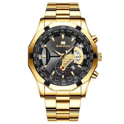 China VA VA VOOM full fashion calendar hot sale men's sports style stainless steel gold 238 calendar discount waterproof wristwatch for sale